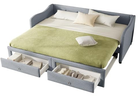 SogesPower Ausziehbares Daybed 90x200 cm als Doppelbett, Schlafsofa mit 2 Schubladen Leinenbezug platzsparendes Gästebett minimalistisch, Grau(ohne Matratze)
