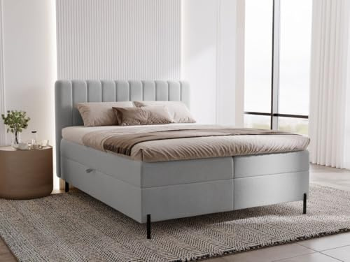 GRAINGOLD Primavera Bett 140x200, Boxspringbett mit Bettkasten, Polsterbett mit Bonell-Matratze, Samt Stoff, mit Topper, mit Kopfteil (Hellgrau, 140x200)