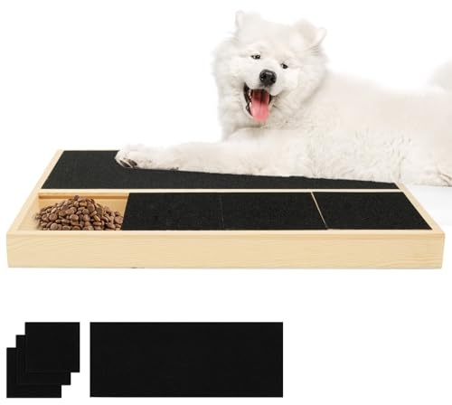 BAODBF Tiragraffi per unghie per cani, tagliere per cani, con scatola per dolcetti, tavola da grattare in legno per cani, con 4 lame di ricambio, carta abrasiva, levigatrice artigli per cani