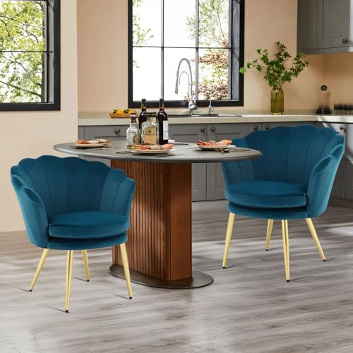 Esszimmerstühle 2er Set 150KG,Schminktisch Stuhl aus Samt,Schreibtischstuhl mit Blütenblätter Rückenlehne,Sessel mit Doppelten Sitzkissen für Schlafzimmer