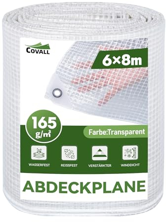 COVALL Telone Impermeabile Trasparente Occhiellato, 6x8 m Misure Finali, 165 g/m² Addensato e Resistente per Esterno, Antipioggia, Copritutto