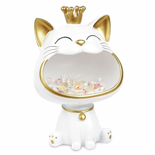 Efugadeng Lachende Katze Statue Figuren Lagerung Box，Katze Schmuck Schlüssel Aufbewahrungsbox，Schmuck Tablett, Große Katzen-Skulptur-Statuegeeignet für Zuhause, Büro-Dekoration (Weiss, L)