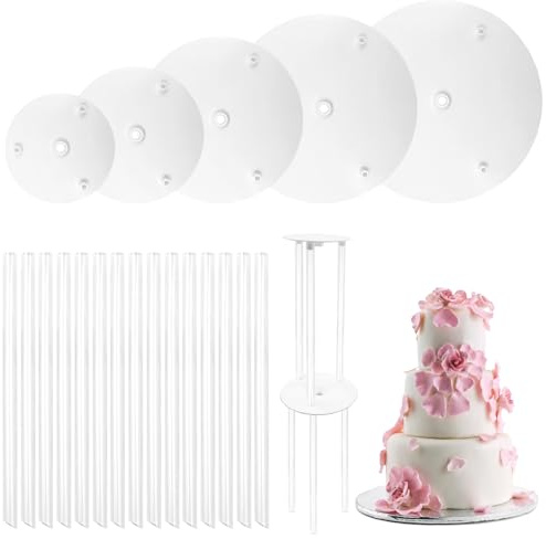 Supporti per Torte, Supporti per Torta Piani, 5 Tavole per Dolci da 9/12/16/20/26 cm, Con 15 23cm Tasselli, Riutilizzabile, per Costruzione e Impilamento di Torte a più Livelli