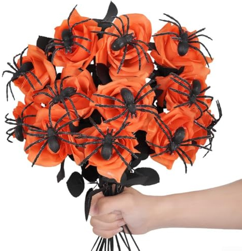Lot de 10 bouquets d'Halloween roses et araignées gothiques pour décoration de fête (orange)