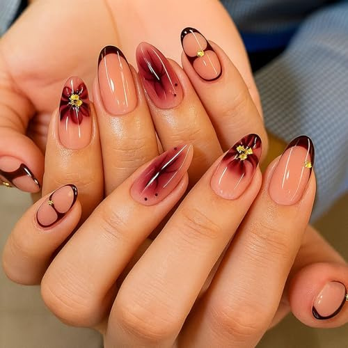 Wine Red Gradient Almond Press On Nails – Short Burgundy Ombre Fake Nails with 3D Rhinestones & Floral Designs for Women, Handmade Acrylic French Tip Stick On False Kit