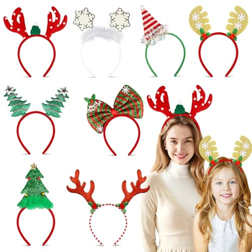 Aoligei 8 Stück Haarreifen Weihnachten, Weihnachts Haarreif, Weihnachten Stirnband, für Kinder/Erwachsene, Rentier, Weihnachtsbaum, Schneeflocken für Weihnachtsfeier Kostüm Party
