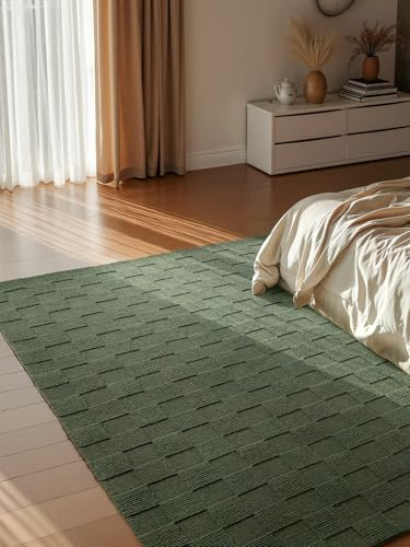 Villeroy & Boch Wollteppich Scala - Natur Wohnzimmerteppich - Handgewebt & Natürlich - Wolle 3D Effekt Kariert Hoch-Tief-Effekt für Wohnzimmer, Schlafzimmer, Esszimmer, Flur - Grün, 120x170cm