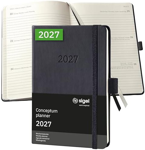 SIGEL Conceptum Wochenplaner 2027 A6 Hardcover schwarz | C2713, 176 Seiten, Wochenkalender mit Gummiband, Stiftschlaufe, Archivtasche, aus nachhaltigem Papier, Kalenderbuch