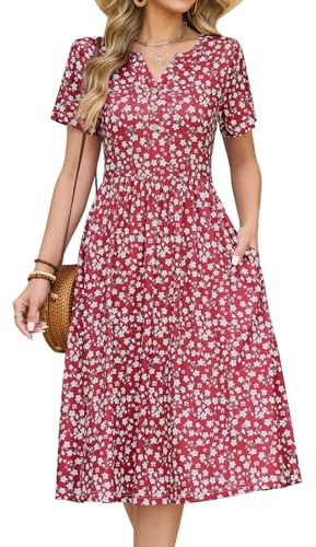 HEEKPEK Summer Dresses for Women Midi Elegant Dress Causal V Neck Short Sleeve Ladies Boho Sundress with Pockets for Beach Holiday Party(Red Floral,XL)