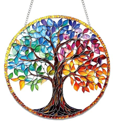 BSITSSS Sonnenfänger Fensterdeko 20 x 20cm, Bunter Baum Suncatcher Acryl, Fensterdeko Hängend Sun Catcher mit Kette für Fenster Terrasse Wand Haus Wohnzimmer Balkon Schlafzimmer Garten