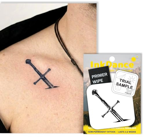 InkDance Semi-Permanent Tattoo, Embedded Sword, Long Lasting Temporary Tattoos for Men & Teens, Waterproof Plant-Based Ink, Lasts 1-2 Weeks, Color Develops in 24 Hours MNF166