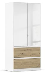Rauch Möbel Costa, Kleiderschrank, Farbe Weiß/Eiche Artisan, Breite 91 cm | Schrank, 2-türig, Spiegel, 2 Schubladen, Push-to-open, Zubehör Basic, für Schlafzimmer, Kinderzimmer, Babyzimmer, Garderobe
