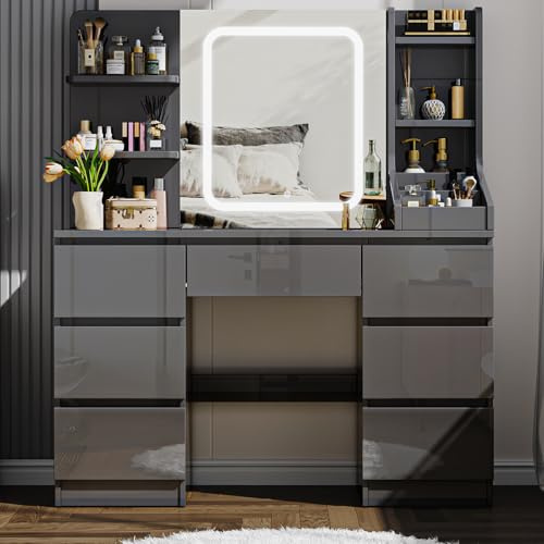 TRIUMPHKEY Schminktisch mit LED-Beleuchtung,Hochglanz Weiß,7 Schubladen,4 Regale,Kosmetiktisch mit Spiegel,für das Schlafzimmer,108x40 cm,Grau