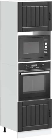Owoxanthellate Lucca Tall Double Kitchen Cabinet Black Engineered Wood 60x57x207 cm Adjustable Feet Space Saving for Oven Microwave Storage Compact Set of 2 Units for Modern Kitchen Pantry