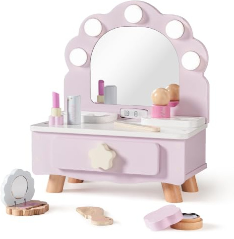 ROBUD Schminktisch Spielset für Kinder mit Licht, Holz Schminke Frisiertisch mit Spiegel & Schminkset, Kinderschminke Rollenspiel Set, Geschenke für Mädchen ab 3 Jahren, Hellviolett