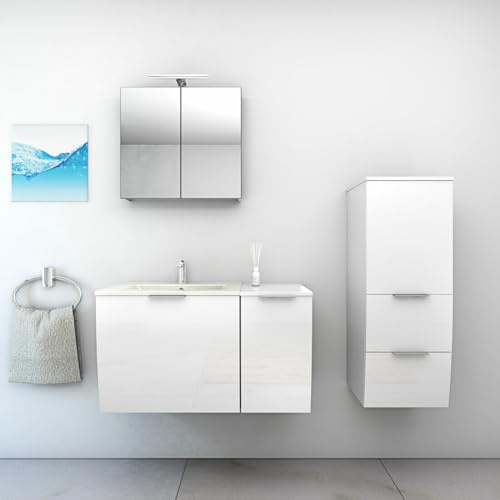 AcquaVapore by Sandra Jentho Badmöbel Set Gently 1 V2 R Weiß MDF Waschtisch 90cm mit 5W LED-Strahler/Energiebox