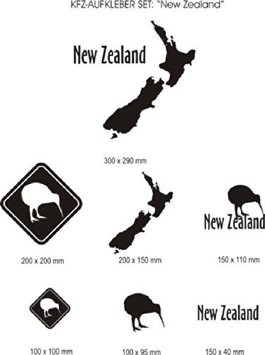 blattwerk-design KFZ-Aufkleber, SET: New Zealand, 7 Stück, Motive und Größen, KIWI, Neuseelannd, Auto (M070 Schwarz)