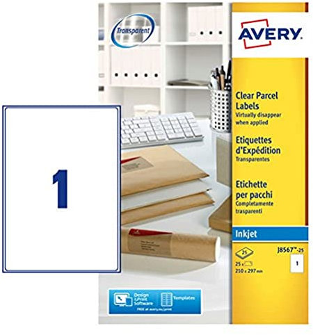 Avery J8567-25 Adressetiketten (1 Etikett pro Blatt, 210 x 297 mm) 25 Stück transparent