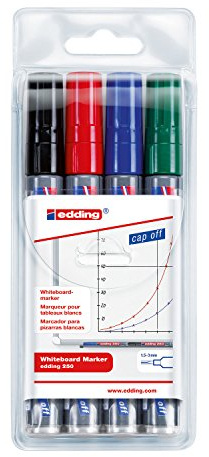 edding Whiteboardmarker 250, nachfüllbar, 1.5-3 mm, Sortiert/Spar-Set (4 Grundfarben, Marker + Löscher)
