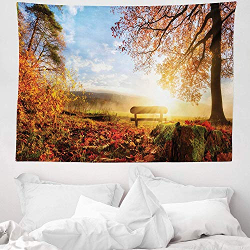 ABAKUHAUS Wald Wandteppich und Tagesdecke, Herbst Wald Bank, aus Weiches Mikrofaser Stoff Schmutz abweichender Digitaldruck, 150 x 110 cm, Orange Rot Blau
