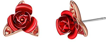 Suplight Silver Red Rose Earrings Wedding Bridal Jewerly Minimalist Floral Flower Leaf Ear Studs Gifts for Women