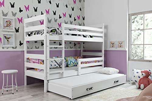 Interbeds Etagenbett Hochbett Eryk 3 (für DREI Kinder) 90x200cm Farbe: WEIß; Kinderbett mit Lattenroste und Matratzen (weiß+weiße Schublade)