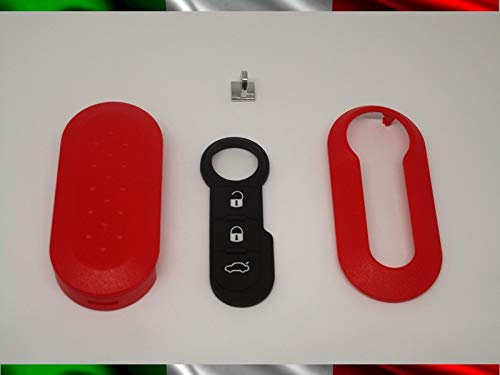 TopBest Cover Chiave Guscio + Tasti Tastini In Gomma + Gancio Portachiavi Compatibile Con Fiat 500 Grande Punto Evo Bravo Panda 500l Lancia Y Ypsilon Musa Delta Scocca Rosso