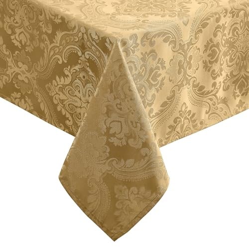Elrene Home Fashions Caiden Elegance Damask Waterproof, Stain & Wrinkle Resistant Fabric Tablecloth, 52 x 70 Oblong/Rectangle, Gold
