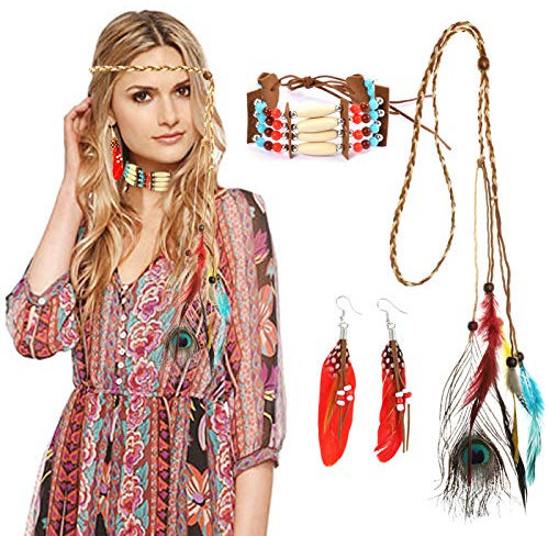 HOWAF Indianer Kopfschmuck Damen Indianer Stirnband Federschmuck Haarband indianisch Bohemian Haarschmuck und Indianer Halskette Ohrringe für Karnevals kostüme Zubehör Indianer kostüm Accessoire