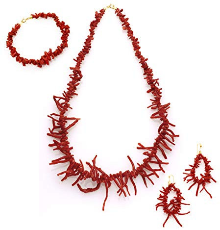 Ensemble frangia corail méditerranéen rouge composé d'un collier, bracelet et boucles d'oreilles sertis en argent 925 blanc ou jaune. (Collier + Boucles d'oreilles + Bracelet, Argent jaune 925)
