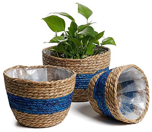 Pot de fleurs rond tissé en paille 3 pièces avec doublure imperméable pour la décoration de la maison, le rangement
