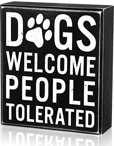 Dogs Welcome People Tolerated Dog Lover Decor Presents for Animal Lovers Wood Dog Box Sign Welcome Word Dog Signs Rustic Wall Decor Art Pet Saying Farmhouse Decor, 5 x 6 x 1.77 Inch (Black Bottom)