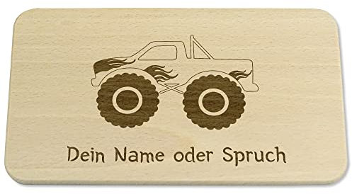 Kreativknoten Frühstücksbrettchen für Kinder personalisiert, Geschenkidee als Geburtstagsgeschenk oder Babygeschenk, Taufgeschenk. Ein nachhaltiges Geschenk aus Massivholz - Monstertruck