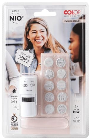 Glorex 6 2248 120 120-Colop Stempel Set von Little Nio mit 10 austauschbaren Motiven, Design Englisch, Stempelkissen mit Grauer Tinte, zum Verzieren von Gegenständen, Geschenken und Karten, weiß