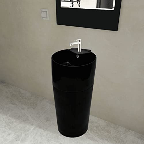 Waschbecken Keramik Rund, Standwaschbecken Säule Hängewaschtisch mit Überlauf Schwarz, Möbelwaschbecken Waschtisch für Badezimmer, 40x41,5x86cm