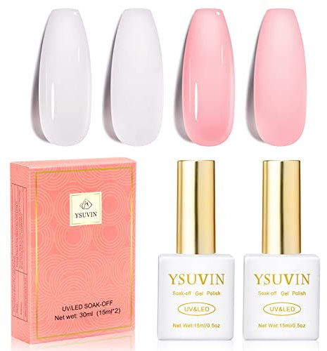 YSUVIN Vernis Semi Permanent, 2PCS Blanc Rose Laiteux Semi Permanent Rose Nude Milky Gelée Transparent Vernis à ongles Soak-Off UV pour French Manucure Longue Durée Varnish Gel, 15ML