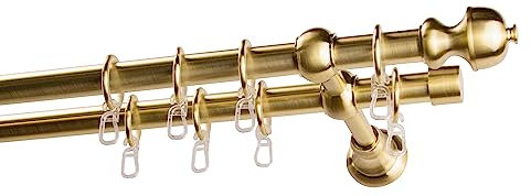 Garesa Gardinenstange Andrea Ø 20mm, 2-läufig, Messing, matt I Stabile Vorhangstange inkl. Ringe + Faltenlegehaken I Mit Endknopf Profil klein I 240cm