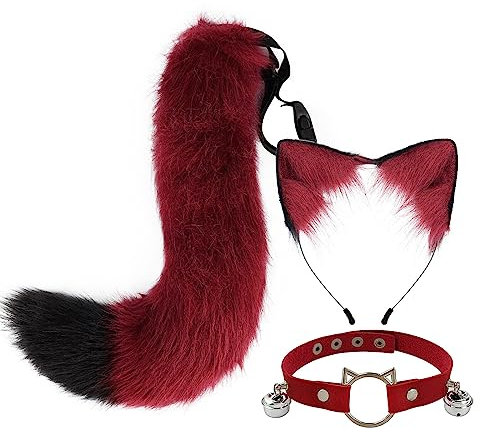 3 teiliges Plüsch Katzenohren Fuchsschwanz Cosplay Set,Fuchs Ohre Stirnband Glöckchen Halskette Katze Ohr Stirnband Haarband,Katzenohren Haarreif Halloween Kostüm Zubehör für Frauen Mädchen,Rot