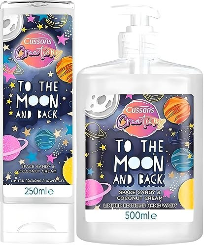 Cussons Creations Limited Edition Soap 500ml & Shower Gel 250ml. To The Moon And Back, A Fragranced Blend of Space Candy & Coconut Cream with KS Beauty Tips Sheet.
