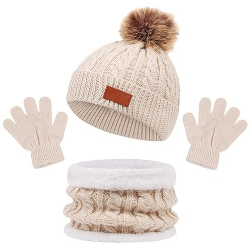 Zonto Wintermütze kinder Kinderhut, Schal Und Handschuhe Dreiteiliger Herbst Und Winter Warmer Doppelball-Kinderhut-Q-2-4 Jahre Alt