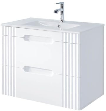EINFACH GUTE MÖBEL Badezimmer Waschplatz Frasciati 80cm | strahlend weiße Badmöbel mit Eiche-Akzenten | (80cm Einbau-Waschbecken)
