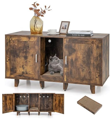 COSTWAY Meuble Litière Chat en Bois Double Porte 3 en 1, Planche à Griffer, 6 Pieds Surélevés Amovibles, 6 Passe-Câble, Maison de Toilette Industriel, 120 × 52 × 65 CM