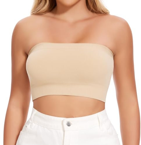 Joyshaper Damen Nahtlos Bandeau BH ohne Bügel Trägerloser Crop Top Push Up Bustier Bra Top Schulterfrei Tube Top Bauchfrei Kurz Oberteil Shirt Beige M