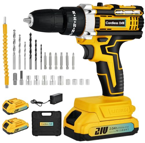 Anveltech Trapano Avvitatore Batteria 21V,Trapano Avvitatore a Percussione,Cacciavite Elettrico 45N.m,Regolazione Della Coppia 25+3,Con Batterie 2*2.0AH, 2 Velocità,Set Trapano a Batteria 24 Accessori