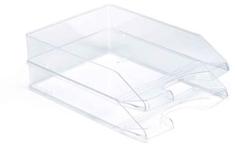 ACAN Tradineur - Pack de 2 bandejas de Oficina apilables, plástico, Organizador Documentos A4, revistas, folletos, sobremesa, Escritorio, Fabricado en España (Transparente - 35 x 25,5 x 6,5 cm)