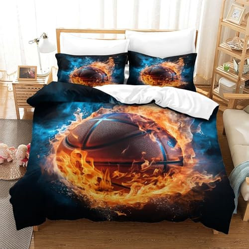 TNFHSOFT Basketball Bettwäsche Bettwäsche Set Microfaser Bettbezug Und Kissenbezug Mit Reißverschluss 3 Teilig Sets Flamme Bettbezug Set Für Erwachsene Teenager Kinder Single（140x200cm）