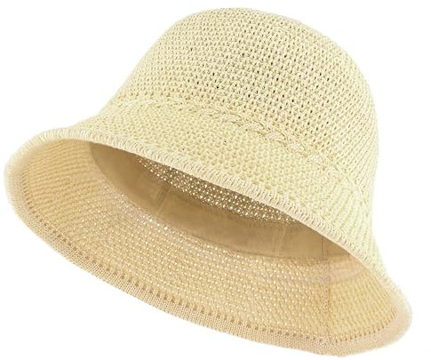 EINSKEY Women's Crochet Bucket Hat, Faux Straw Weaving Sun Hat Packable Mesh Woven Soft Lightweight Beach Hat for Spring Summer Fall Beige