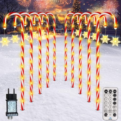 HELESIN Lichterkette Zuckerstangen, 10 Stück Erhöhtes Design Zuckerstangen LED Außen, 110LED 12 Modi Zuckerstangen Beleuchtet, Wasserdicht Schneeflocke Weihnachtssbeleuchtung für Garten Weihnachtsdeko