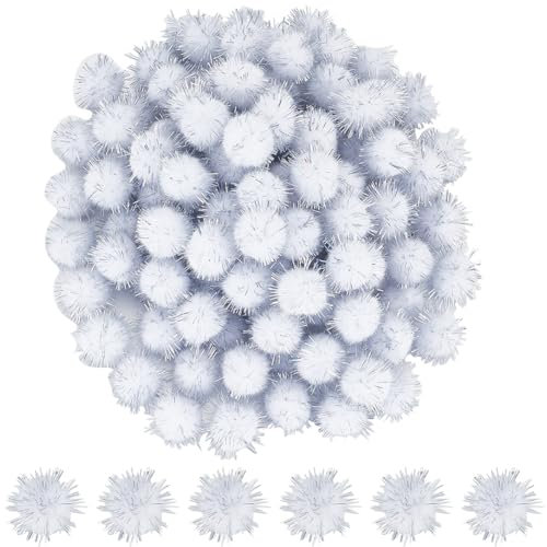 SUNNYCLUE 120 Stück Glitzer Pompon Bälle Funkelnde Pom Poms Großpackung 20mm Weiße Faser Weich Flauschig Flauschig Runde Lametta Bälle Dekor Glitzer Pompons Für Katzen DIY Kunst Basteln Weihnachtsfei