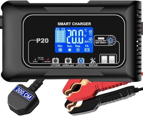 HTRC 12V/20A & 24V/10A Autobatterie Ladegerät, Ladegeräte für Autobatterien, Batterieladegerät KFZ für Auto, Motorrad, Rasenmäher, Boot, Lithium, LiFePO4 und Blei-Säure(AGM, Gel, MF, EFB, SLA usw)